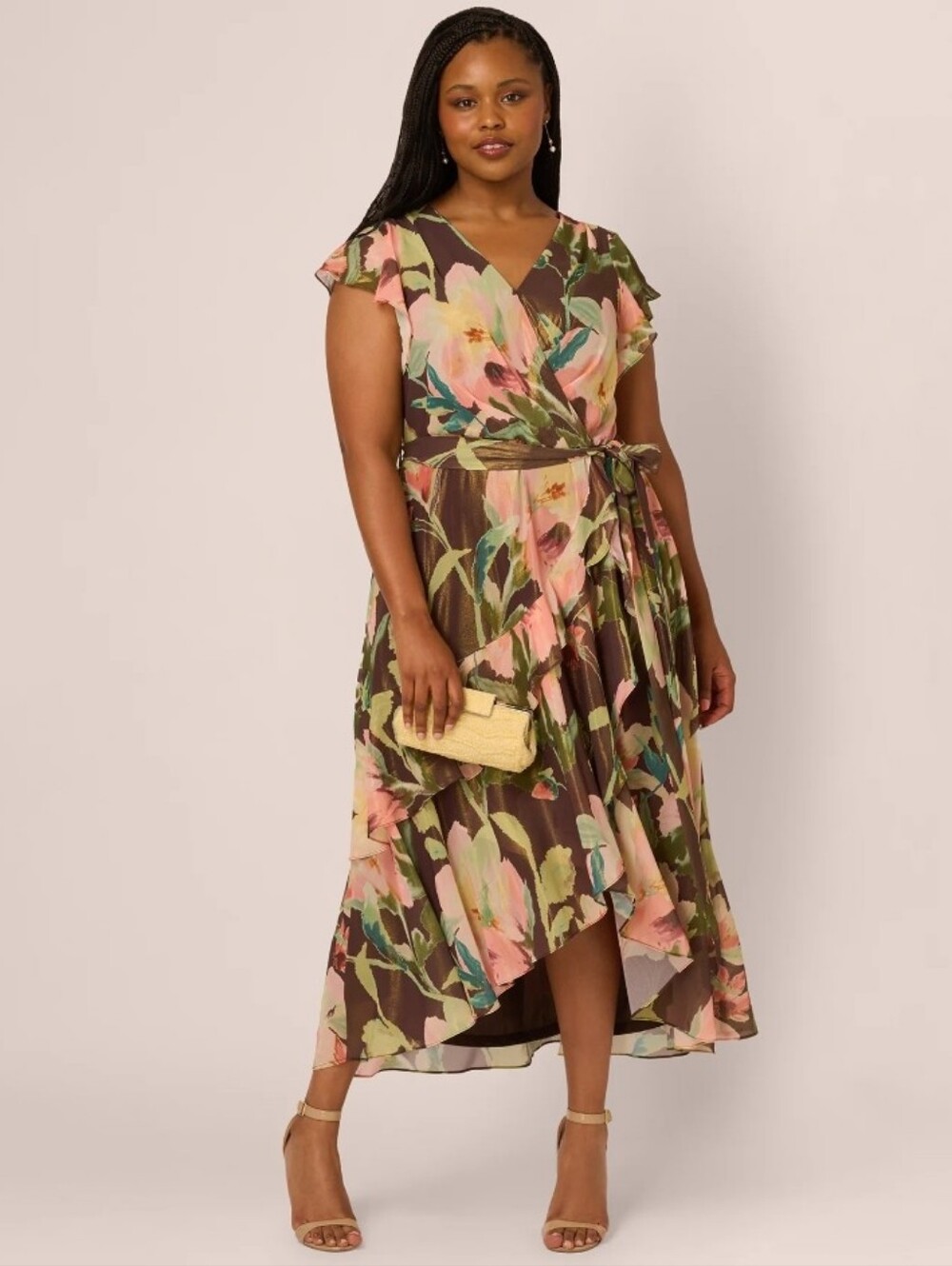 Adrianna Papell Plus Size Flutter Sleeve Wrap  Dress In Brown Multi